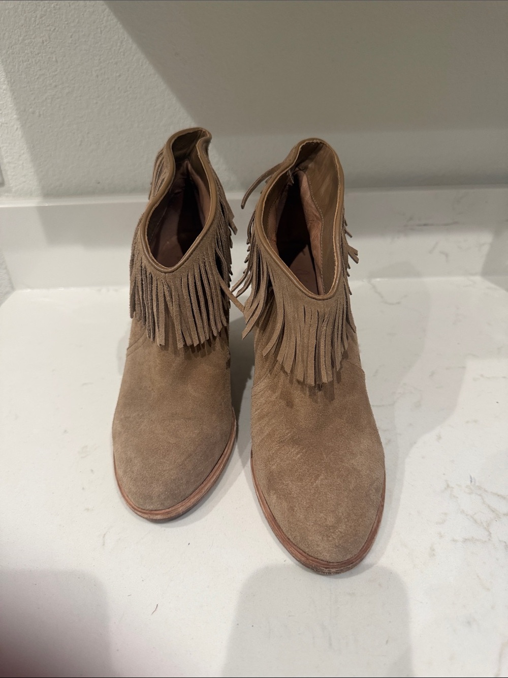 Suede Fringe Ankle Booties in Taupe